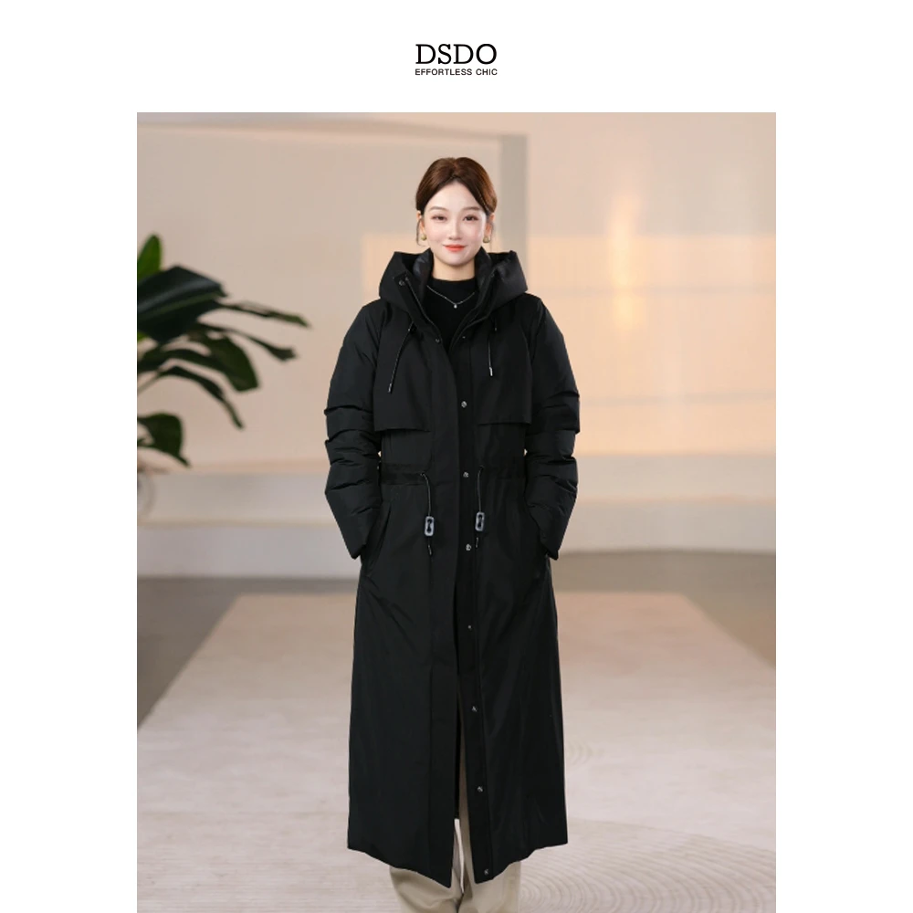 DSDO奢华户外鹅绒服连帽收腰长款白鹅绒羽绒服