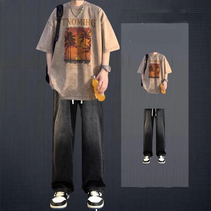 短袖套装男夏季潮牌水洗重磅半袖t恤男生搭配一整套衣服穿搭
