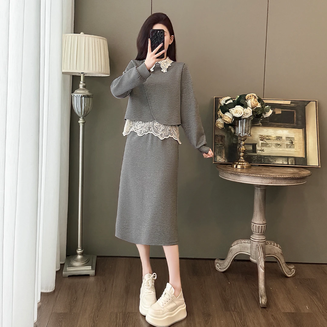 韩版休闲风极简风时尚套装秋季加厚冬季气质时尚两件套灰色女装