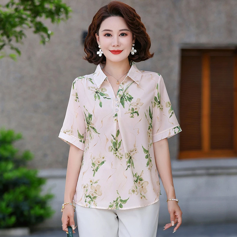 翻领女士衬衣衬衫遮肚厚款中老年女装宽松型碎花洋气宽松时尚