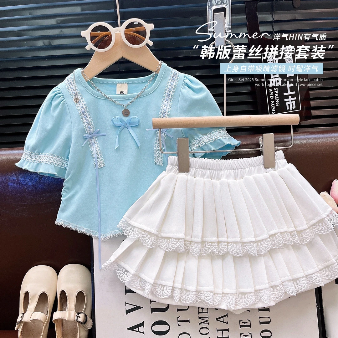 韩韩良品女童套装夏2025新款蕾丝拼接棉质T恤+蛋糕裙两件套EXB005