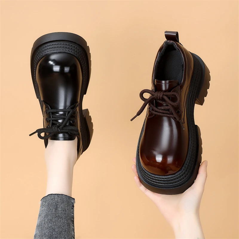 欧货系带松糕乐福鞋女2024秋冬新款单鞋增高舒适二棉不累脚小皮鞋