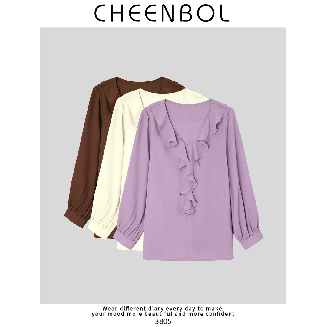 3805心形V领衬衫法式风女2025夏季新款木耳边衬衣小众减龄上衣