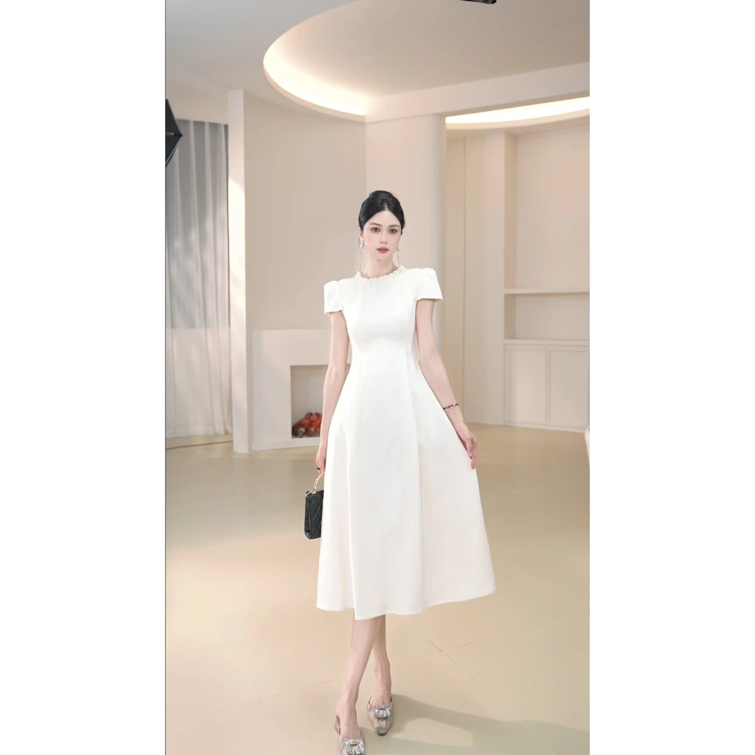 【宝总】时尚优雅收腰修身名媛宴会显瘦轻奢圆领设计感连衣裙11598