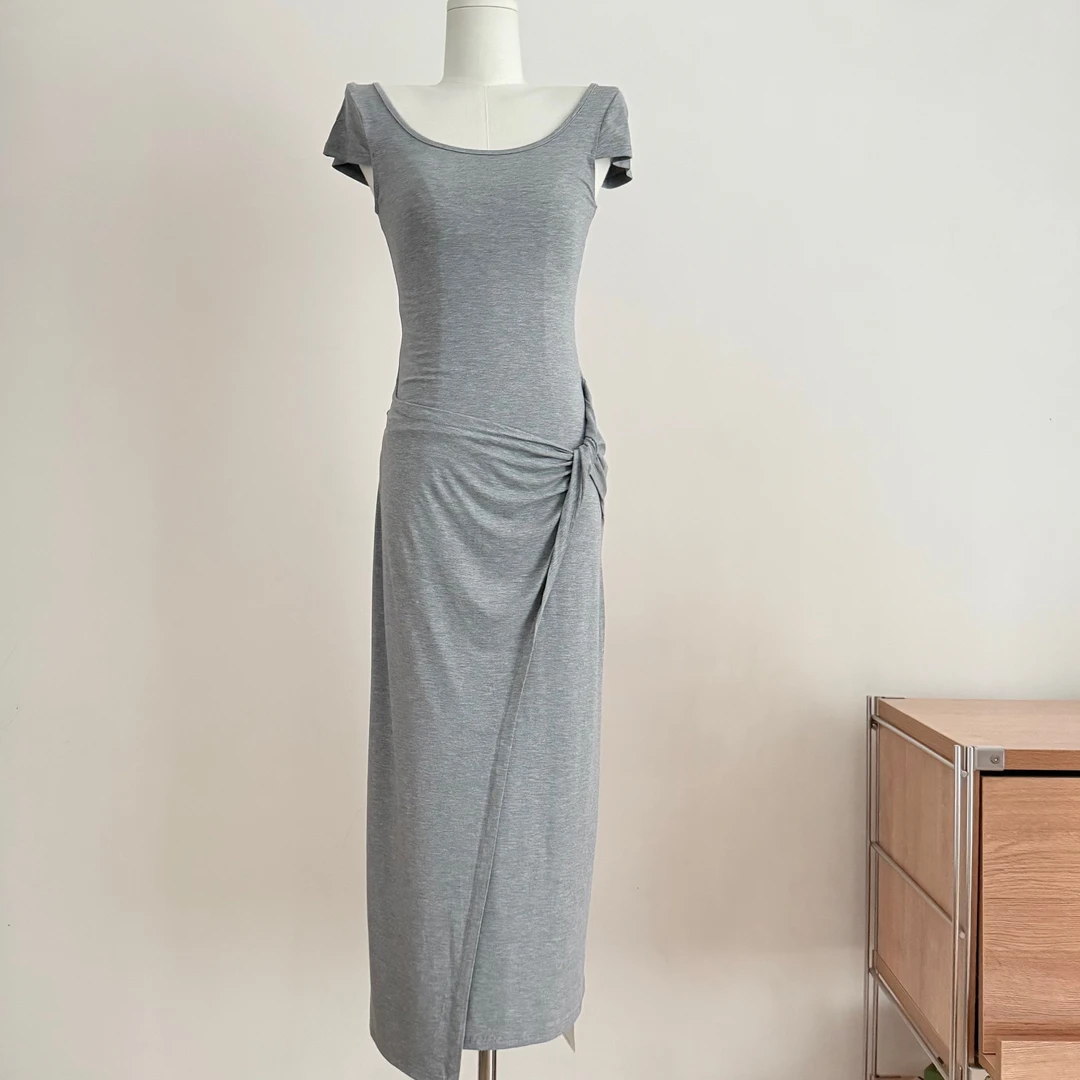 韩系辣妹大U领掐腰连衣裙女夏季简约设计感修身收腰短裙包臀长裙