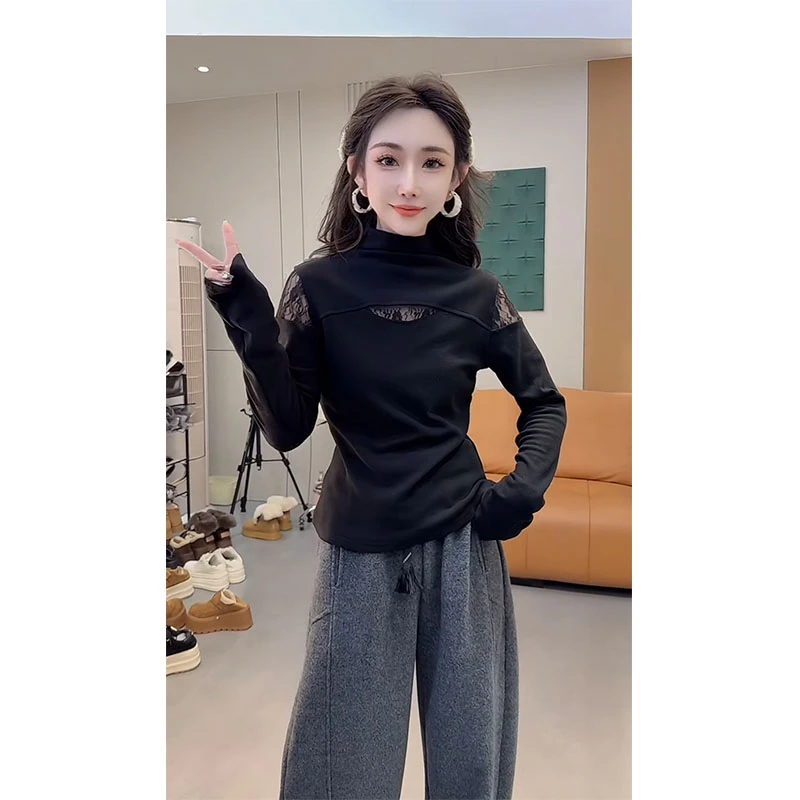 2025秋冬新款半高领网纱拼接露肩长袖T恤女修身设计百搭镂空上衣