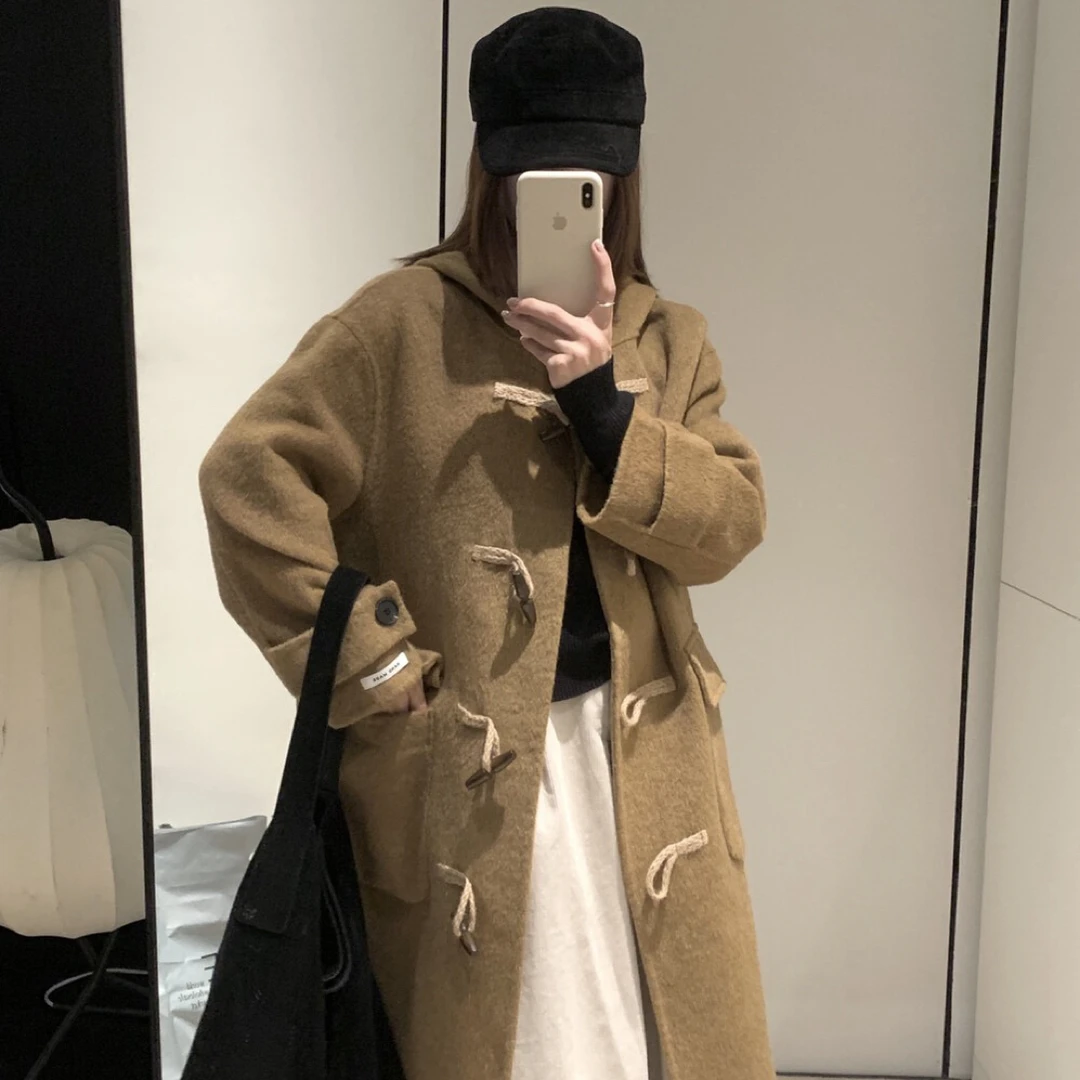 【张开心】韩女森系风很in’s韩风质感麻绳羊角扣连帽中长款大衣