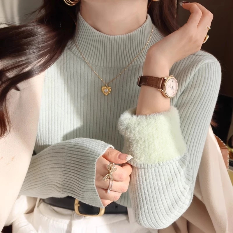 加绒加厚半高领打底衫女2025秋冬季新款修身毛衣内搭针织上衣外穿