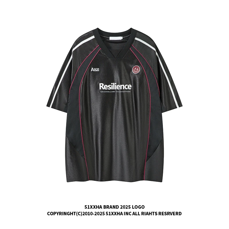 51嘻哈美式复古Blokecore球衣短袖潮牌夏季宽松透气V领运动T恤男