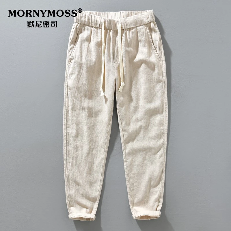 直筒苎麻布裤子休闲宽料九分裤男夏季棉麻松紧腰抽绳复古亚麻裤薄