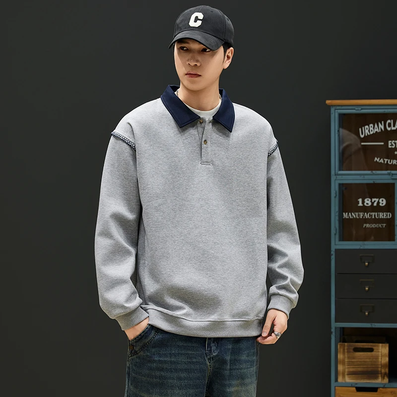 男士翻领卫衣长袖秋季新款港风男款卫衣宽松百搭帅气POLO领打底衫