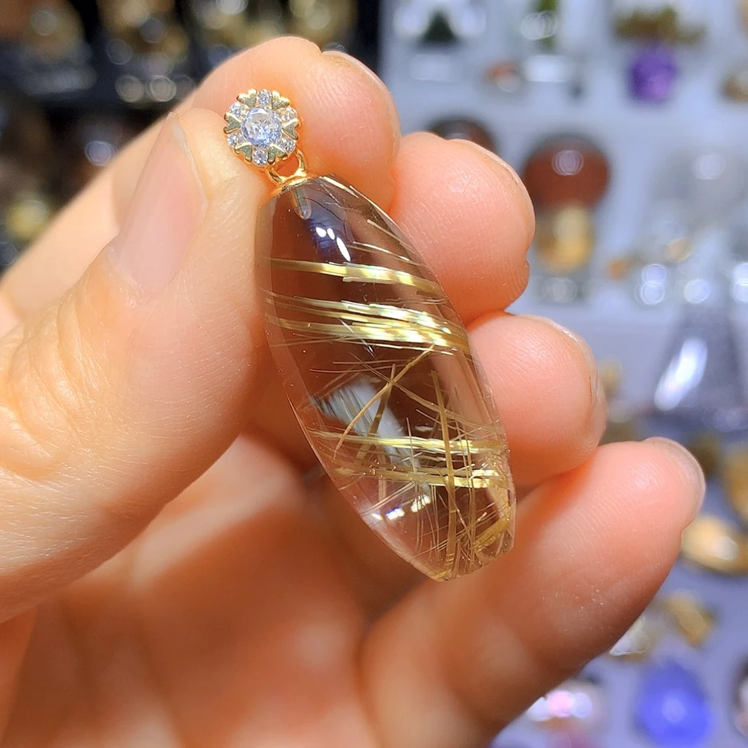 水晶吊坠银S925镀金镶嵌天然水晶