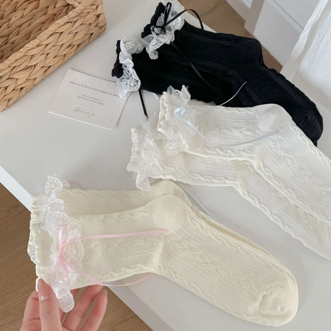 洛丽塔蕾丝花边袜子蝴蝶结中筒可爱春秋Jk少女miu风白色堆堆棉袜