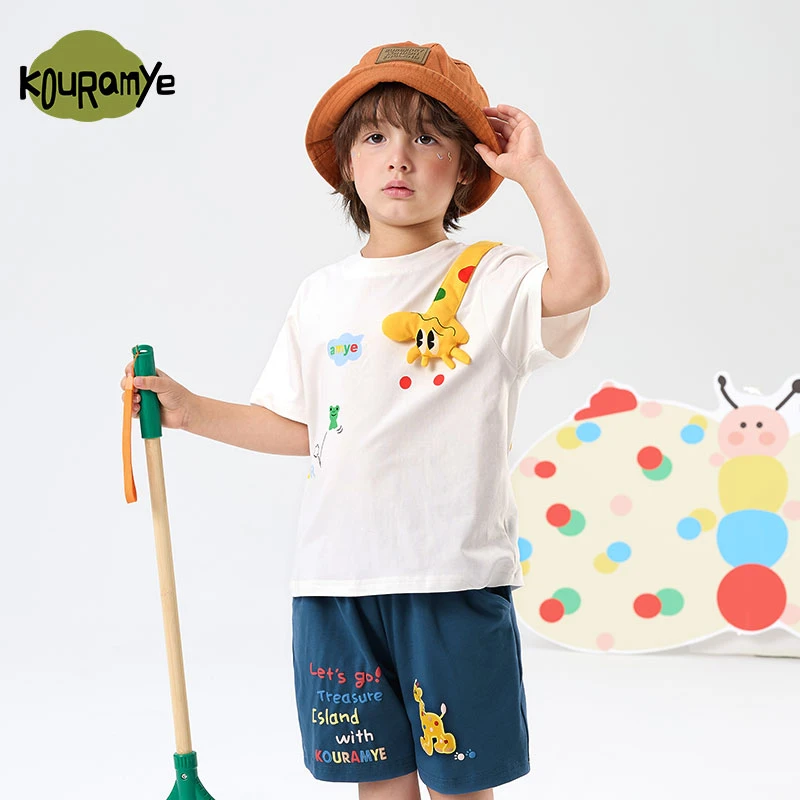 酷娃米2025年夏季新款中小童卡通贴布长颈鹿短袖套装50136