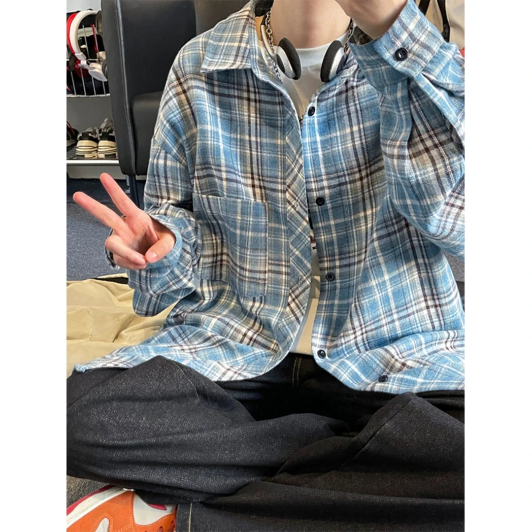 长袖衬衫男款2024春季新款韩版潮流日系复古格子大码翻领衬衣外套