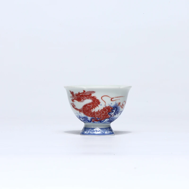 青花釉里红高足龙纹花瓣边铃铛杯 中式茶具茶器