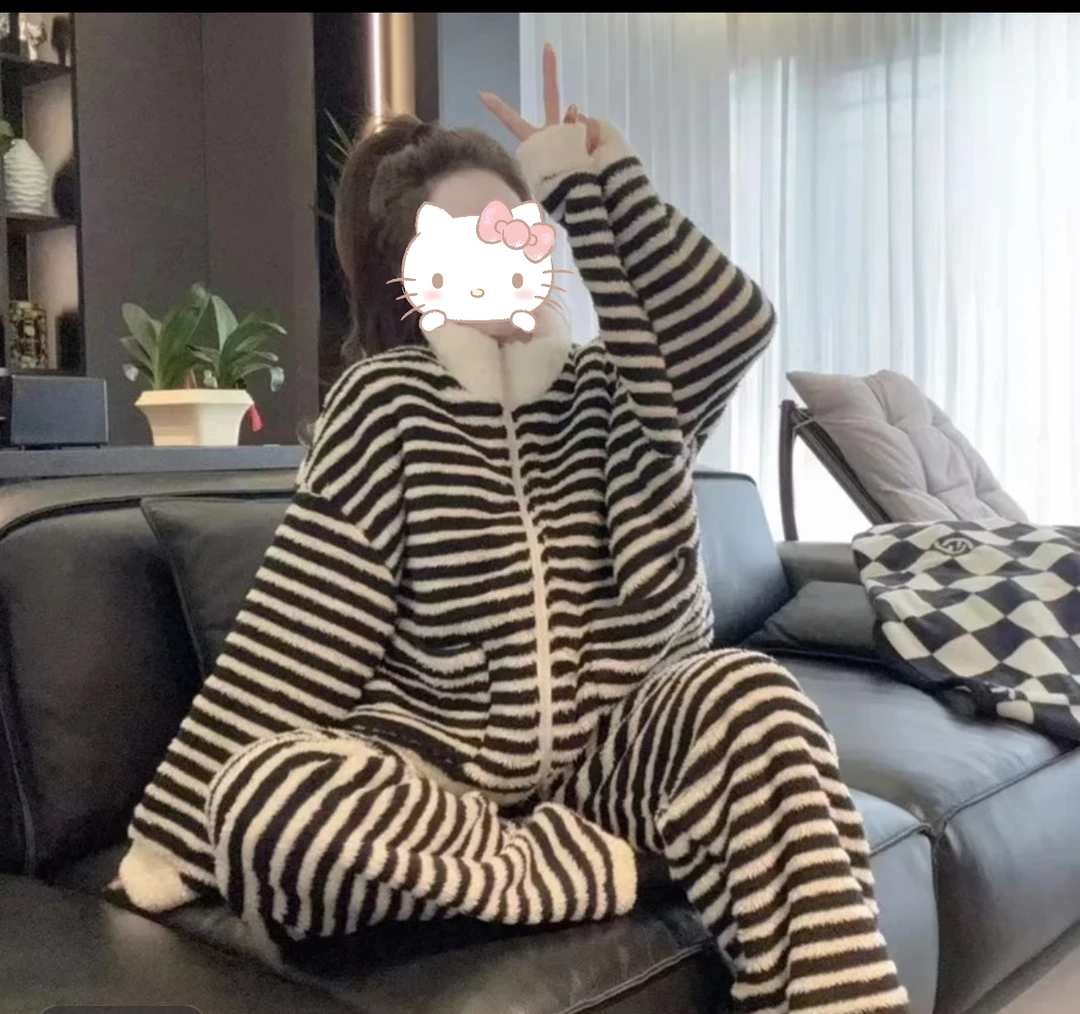 【仅剩02件】双面北羔绒睡衣女慵懒风可外穿家居服女条纹冬季加绒