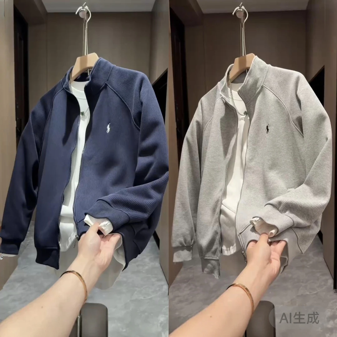 秋季新款潮流针织刺绣立领夹克男士宽松百搭开衫卫衣休闲上衣外套