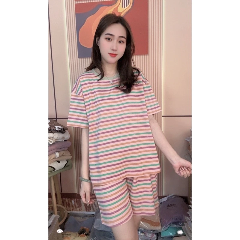 睡衣女夏季新款纯棉短袖短裤可爱甜美家居服套装（彩虹条纹）