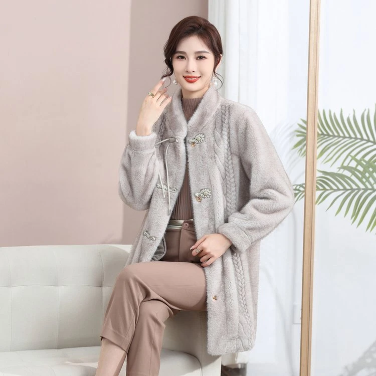 565气质外套女时尚中长款轻奢冬季设计师慵懒皮毛一体新中式大衣