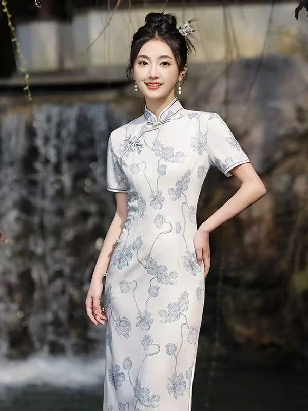 0561 浅蓝色 花扣 【蓝莲】 旗袍