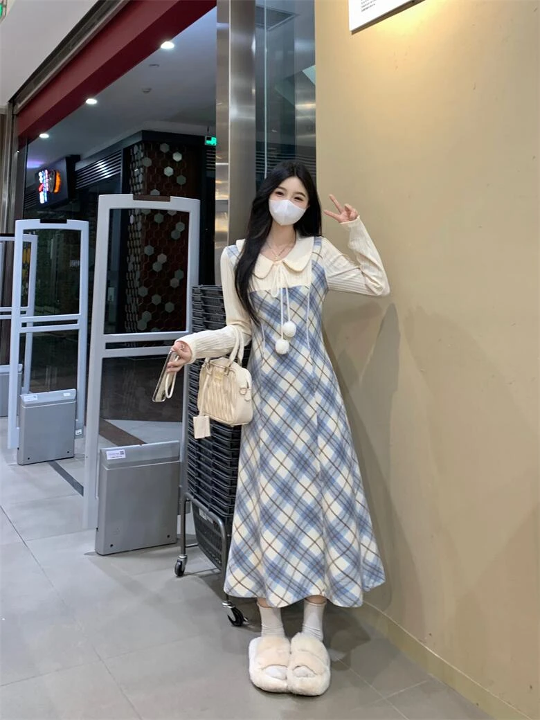温柔学院风长袖假两件连衣裙2025新款高腰裙子胖mm遮肚显瘦1652