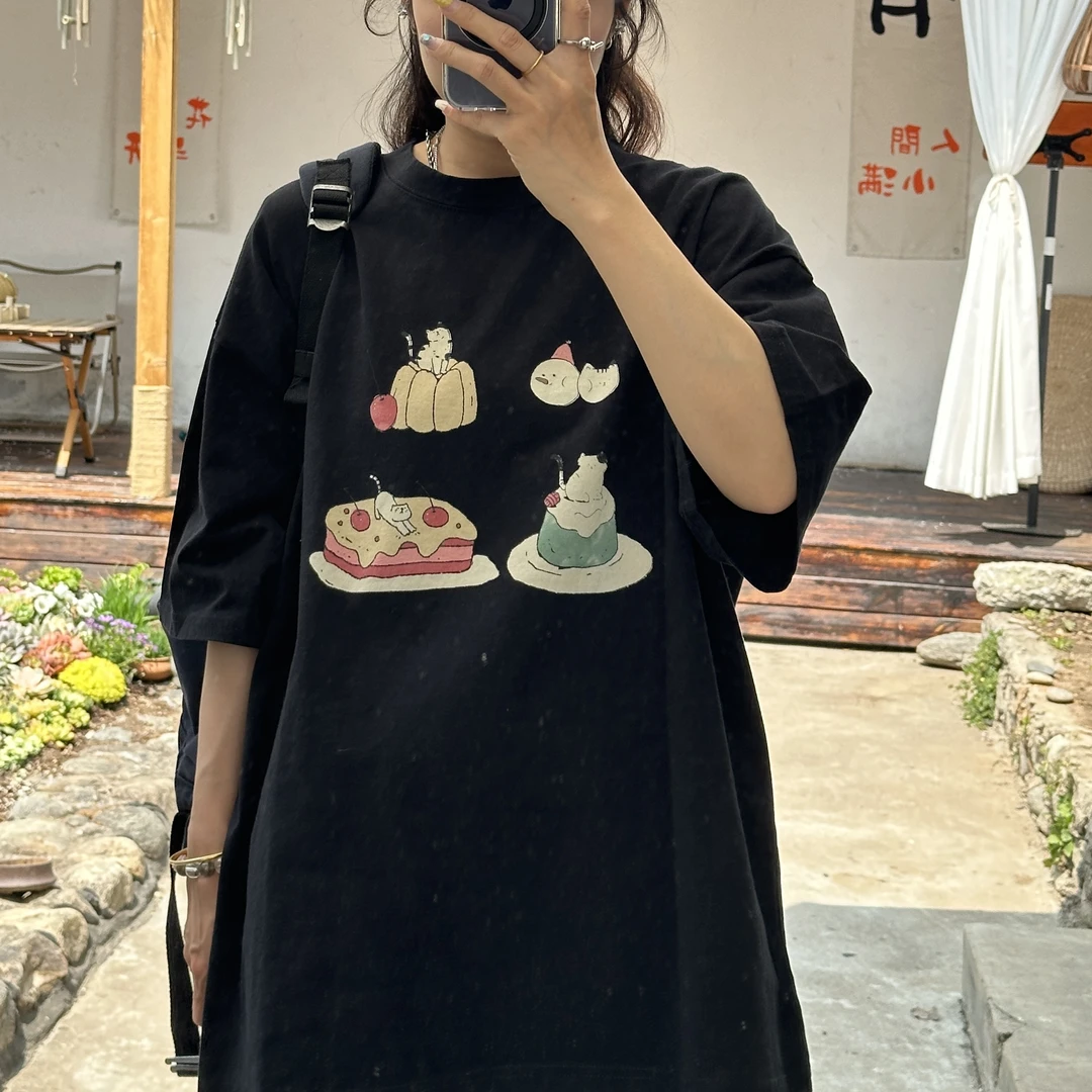 【小惜亦】小猫宽松女t恤慵懒2025新款夏显瘦遮肉纯棉半袖落肩袖