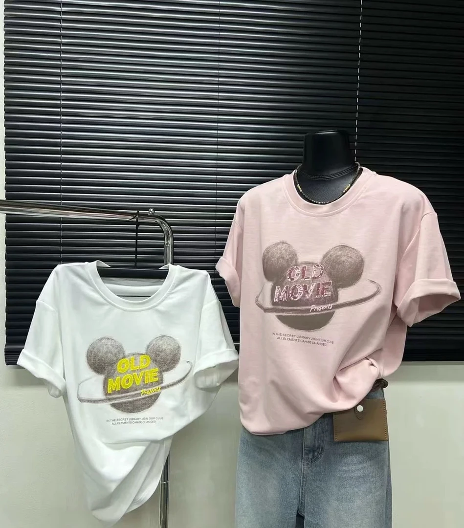 卡通时尚重工半袖春夏字母短款T恤夏季米奇短袖印花常规