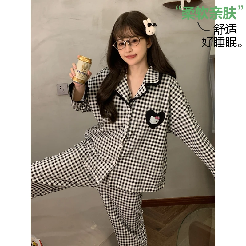 睡衣女春秋款2025年新款长袖长裤可爱风格子学生春秋季家居服套装