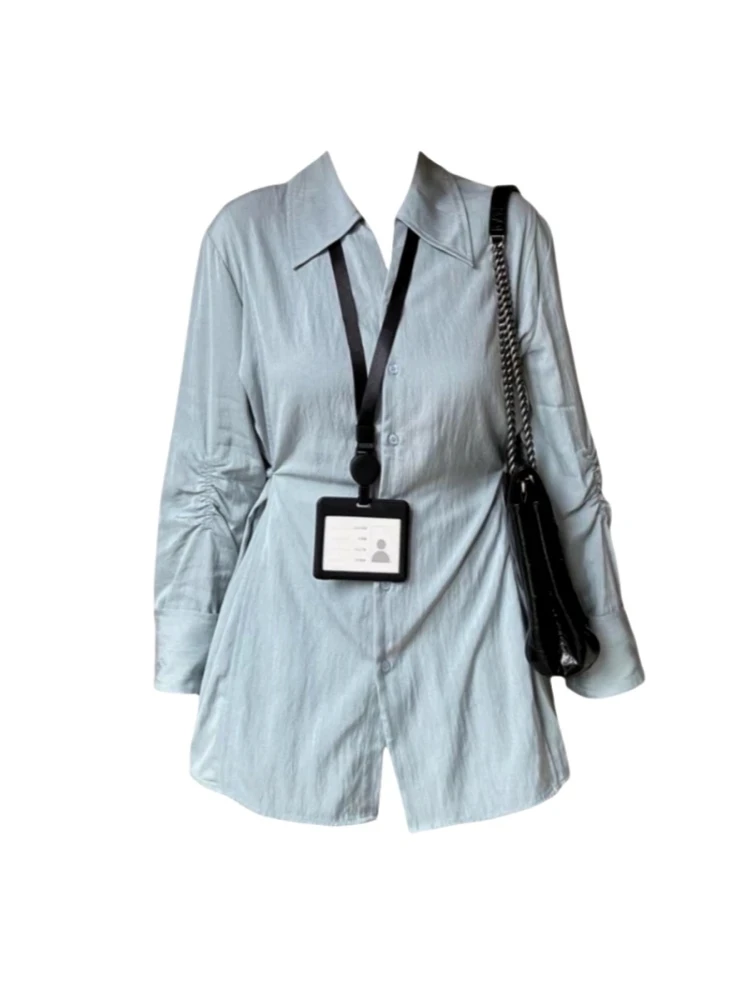 2025年新款四季通用POLO领衬衫设计感收腰显瘦衬衣中长款排扣上衣