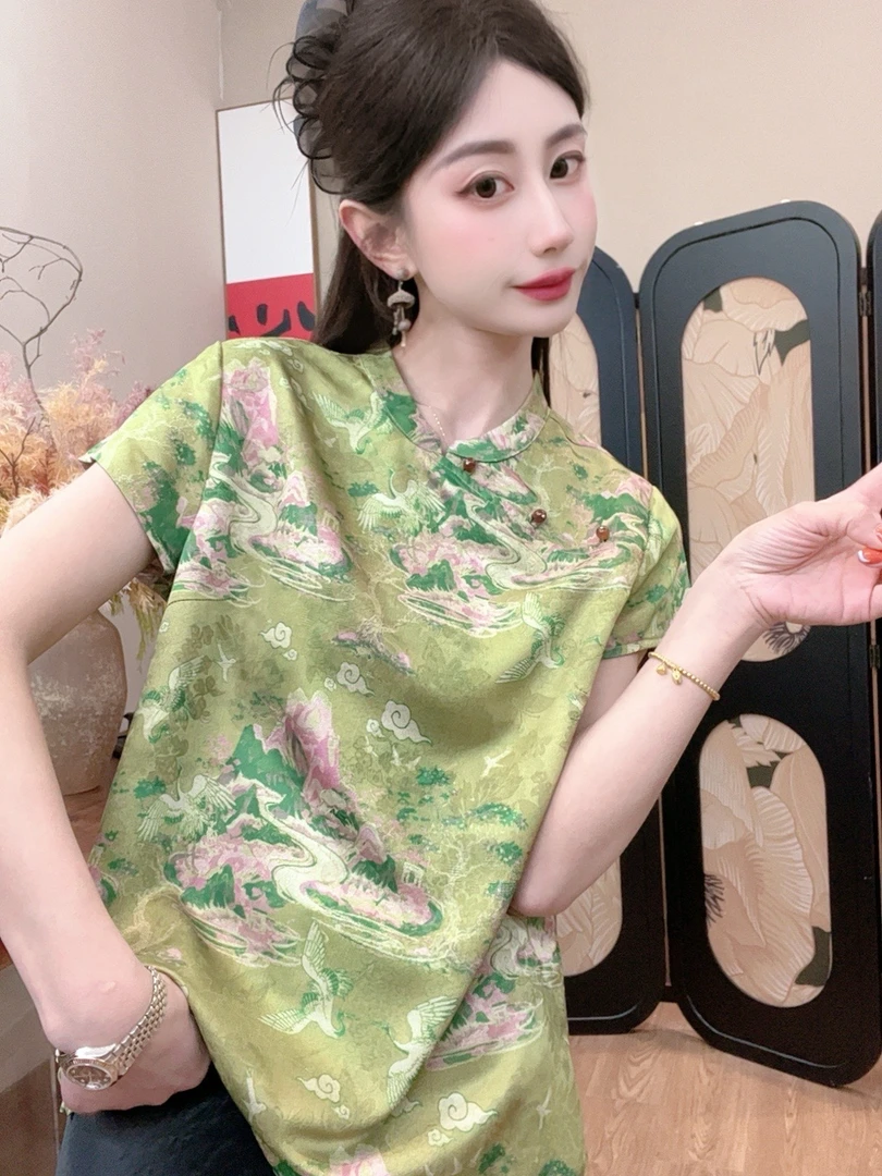 【青山绿水】2025夏季气质新款百搭显瘦新中式短袖女宽松上衣