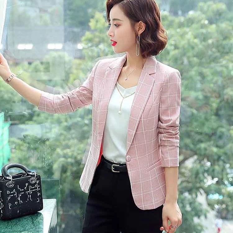 格子小西装外套女韩版2022新款春秋修身显瘦长袖休闲小西服女短款