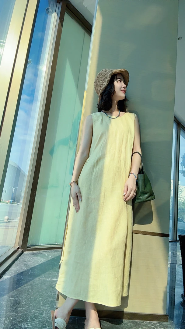 夏季纯色无袖汉麻连衣裙休闲宽松文艺范显瘦百搭2398