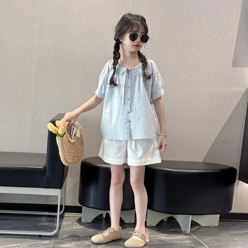 女童夏季套装2025新款儿童洋气娃娃衫夏装女大童短裤衬衫两件套潮