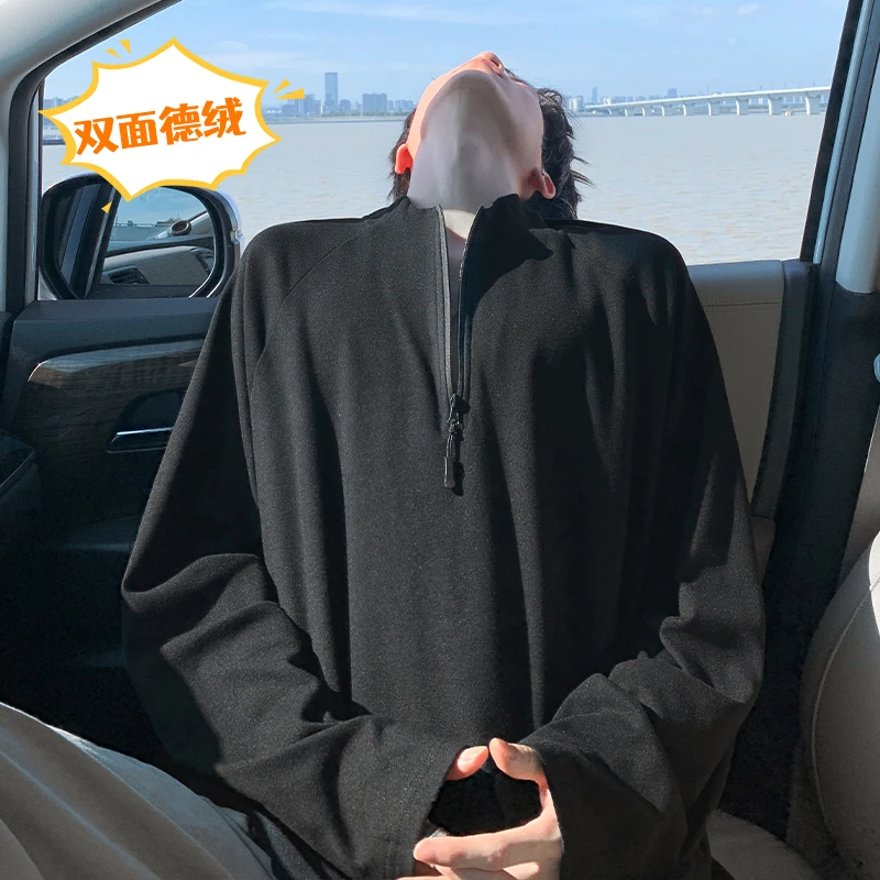 半拉链德绒打底衫男纯色保暖卫衣秋冬款内搭美式重磅长袖t恤
