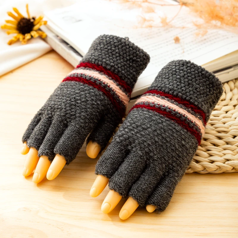 秋冬男士半指毛线保暖学生写字拼色户外条纹加厚韩版百搭经典手套