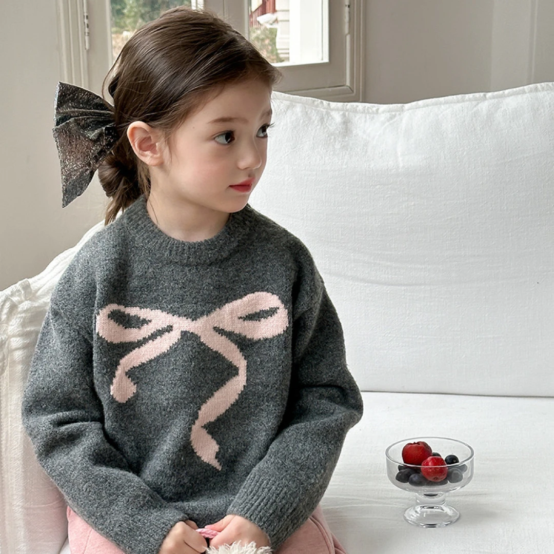 现货【含羊毛】女童冬季儿童洋气甜美蝴蝶结提花加厚针织毛衣24B073