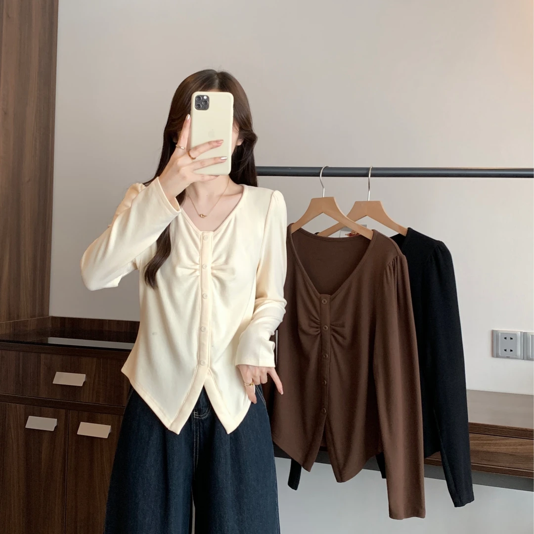 清长2025秋胖mm大码褶皱正肩V领长袖t恤设计收腰显瘦上衣64907