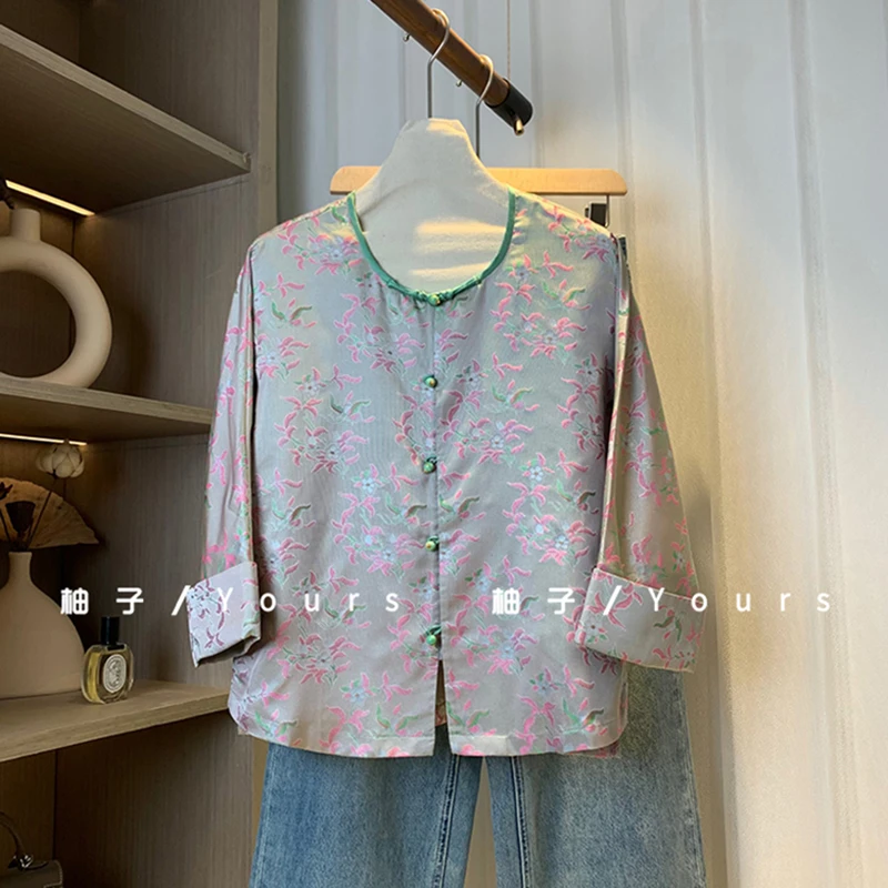 柚子yours【无尽春】春夏新品100桑蚕丝织金异色罗中式圆领上衣女