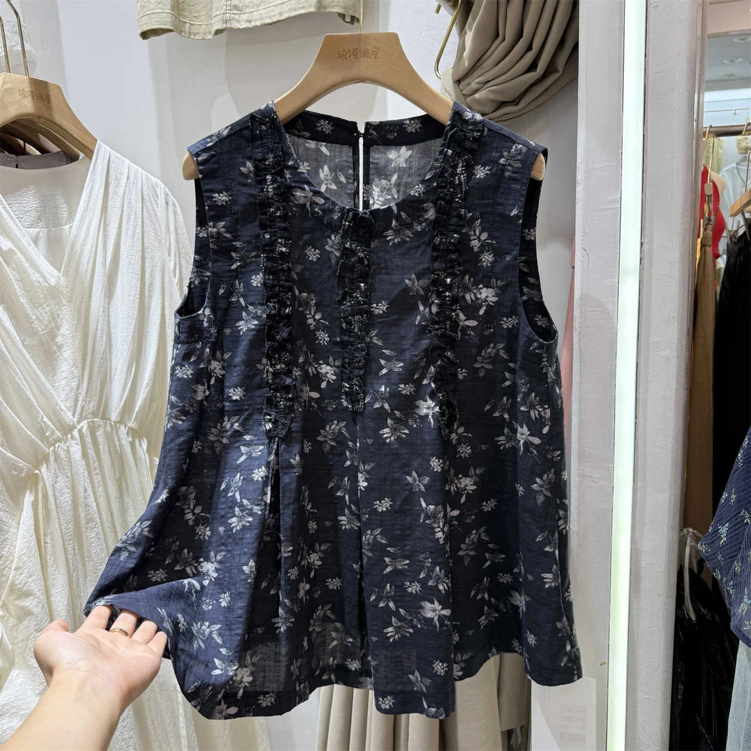 2025年夏季新款时尚圆领木耳边碎花无袖衬衫女设计感背心小衫上衣