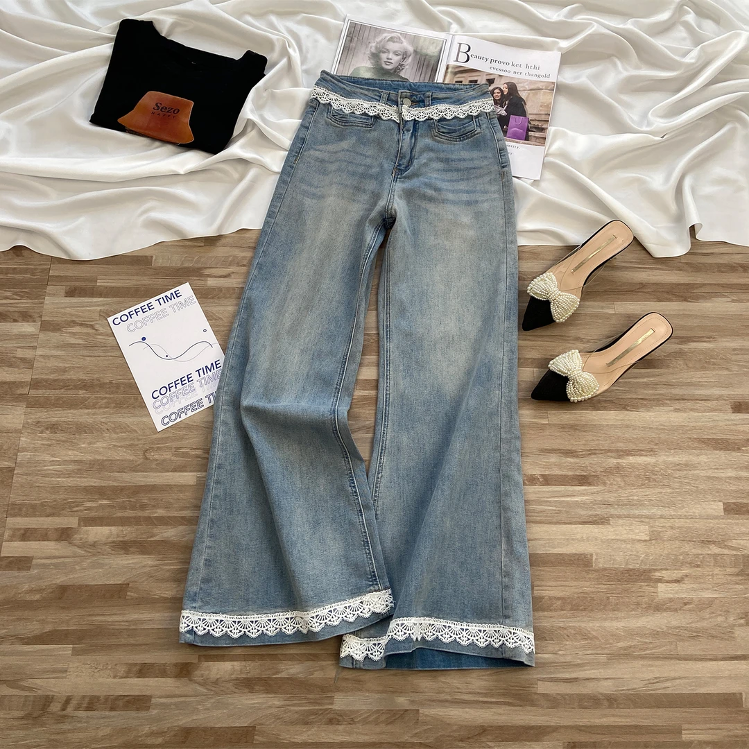 巨藏肉！设计感蕾丝阔腿牛仔裤女秋季2025新款高腰显瘦垂感喇叭裤