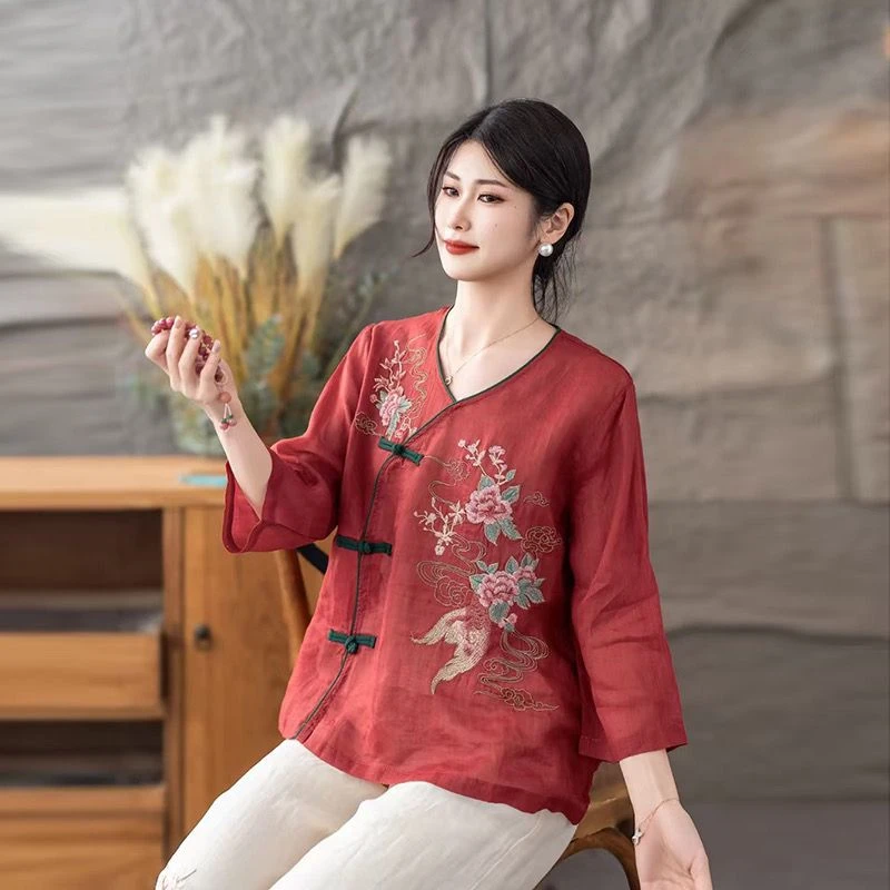 【现货+运费险】国风苎麻宽松棉麻中式夏季盘扣民族重工刺绣衬衫Y28