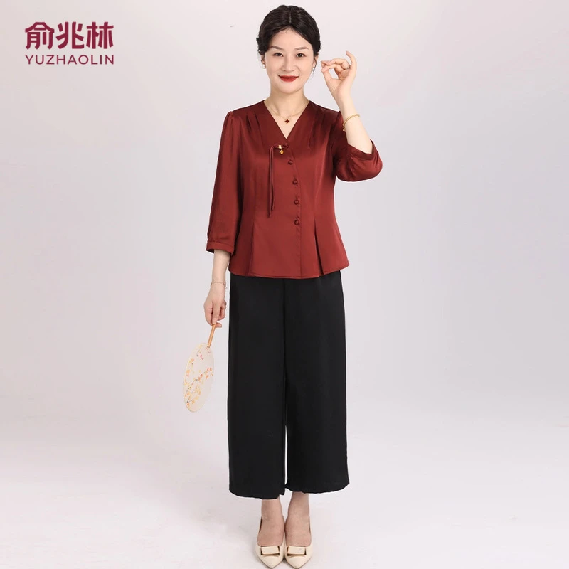品牌时尚妈妈装春装中式国风上衣中老年斜襟盘扣开衫两件40-50岁