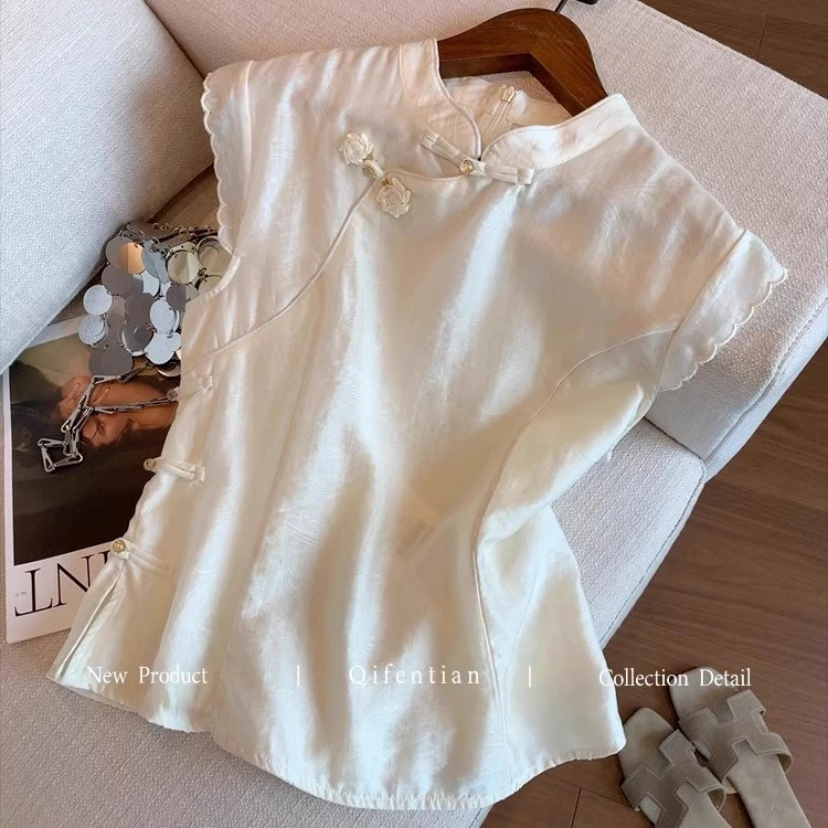 新中式暗纹提花盘扣无袖衬衫女夏新款高级感收腰显瘦气质国风上衣