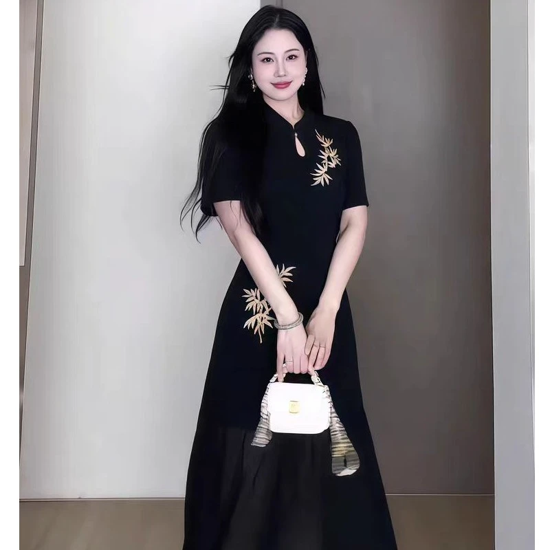 （80-200斤）大码微胖短袖国风长裙胖MM百搭风新中式时尚连衣裙1908