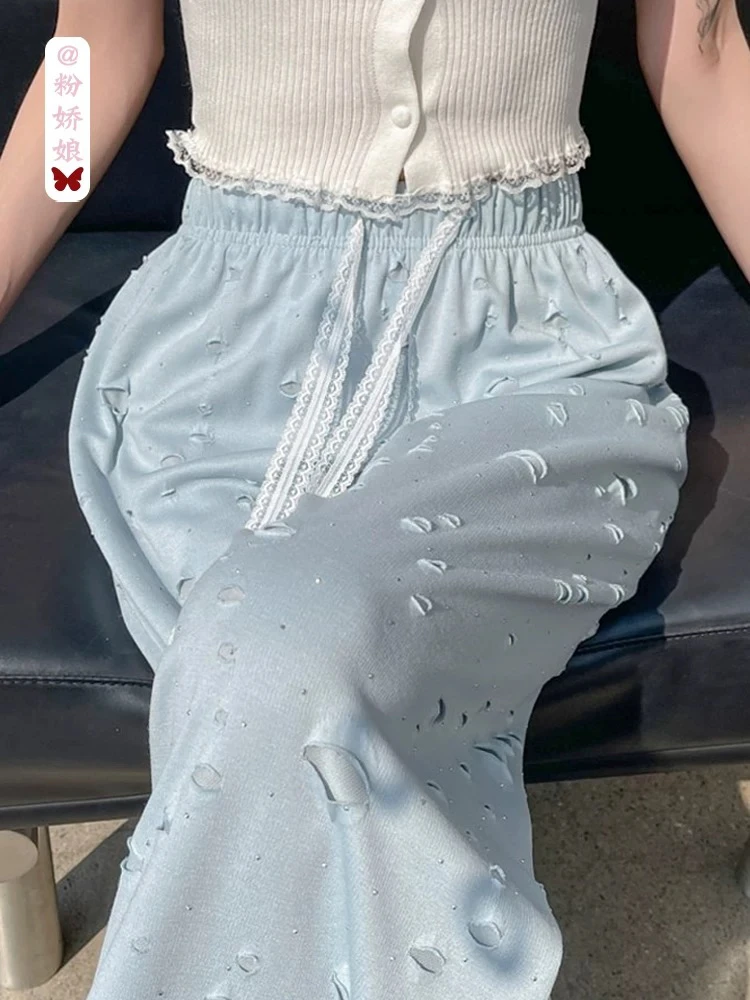 烫钻破洞阔腿裤薄款裤子蕾丝抽绳高腰休闲直筒裤春游外穿