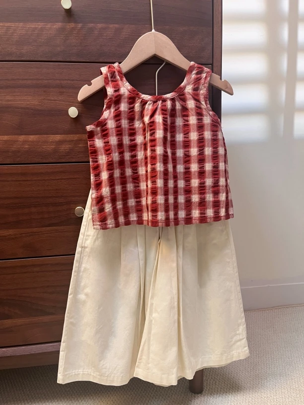 女童格子娃娃衫上衣韩系儿童夏小清新甜美格子背心套装