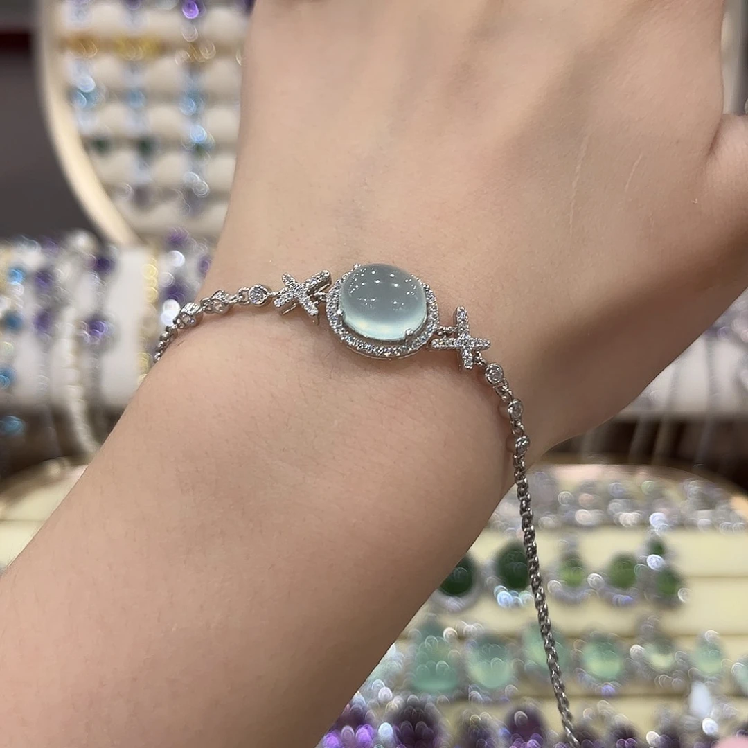 ⁷***.蛇纹石玉银S925镶嵌女款手链