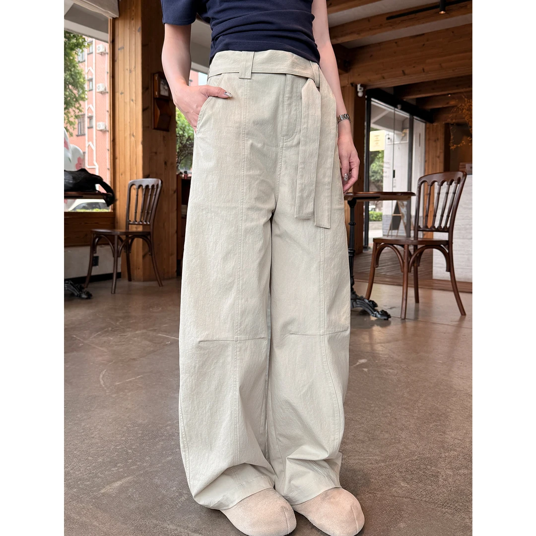 夏季水洗带腰带休闲裤女高腰百搭宽松垂感设计感显瘦小弯刀裤