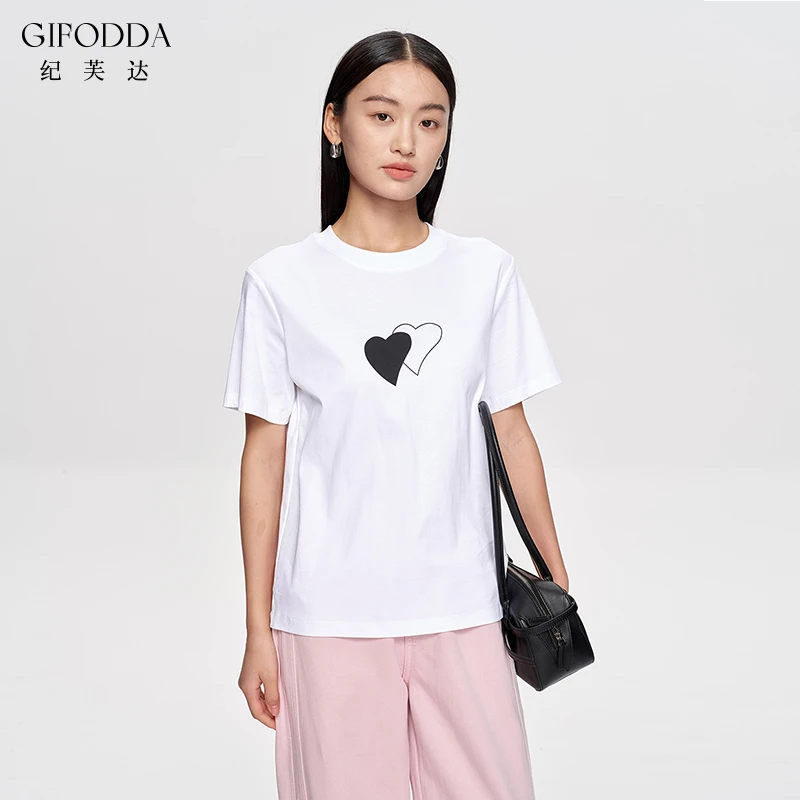 纪芙达白色圆领透气印花正肩桑蚕丝爱心短袖女T恤上衣休闲百搭